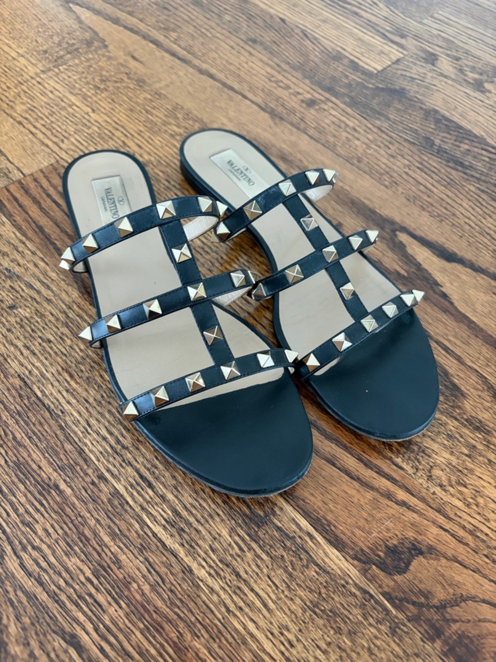 Valentino Garavani Black Leather Rockstud Triple-Strap Sandals
